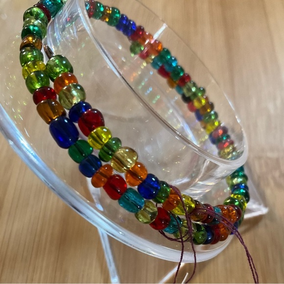 Hand Crafted Wrap Bracelet Seed Beads Blue Green Red Orange Memory Wire - Picture 1 of 9